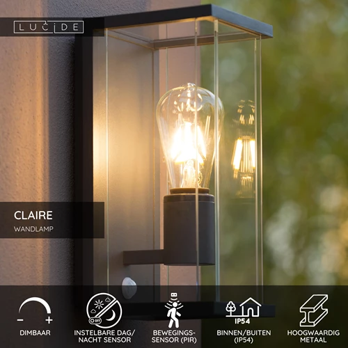 Lucide CLAIRE - Wandlamp Binnen/Buiten - 1xE27 - IP54 - Beweging & dag/nacht sensor - Antraciet - USP